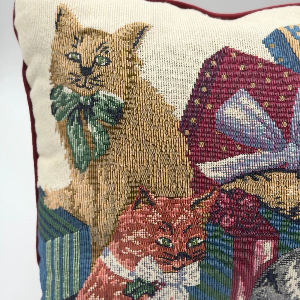 Vintage Christmas Kittens Woven Tapestry Holiday Throw Pillow Accent Decor 16x12